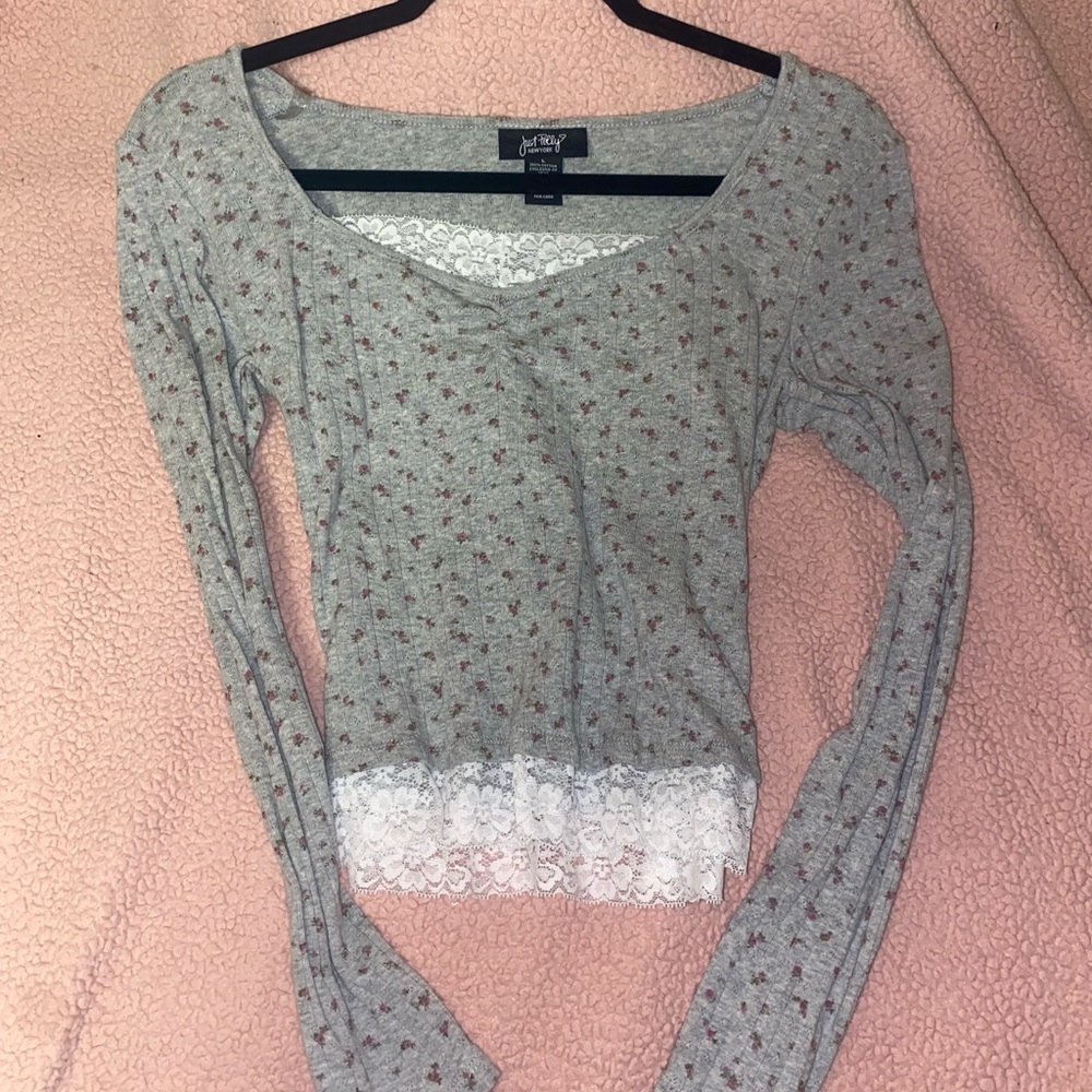 Gray Floral Lace Trimmed top
